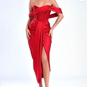 Stella Red Off Shoulder Crystal Corset Satin Gown